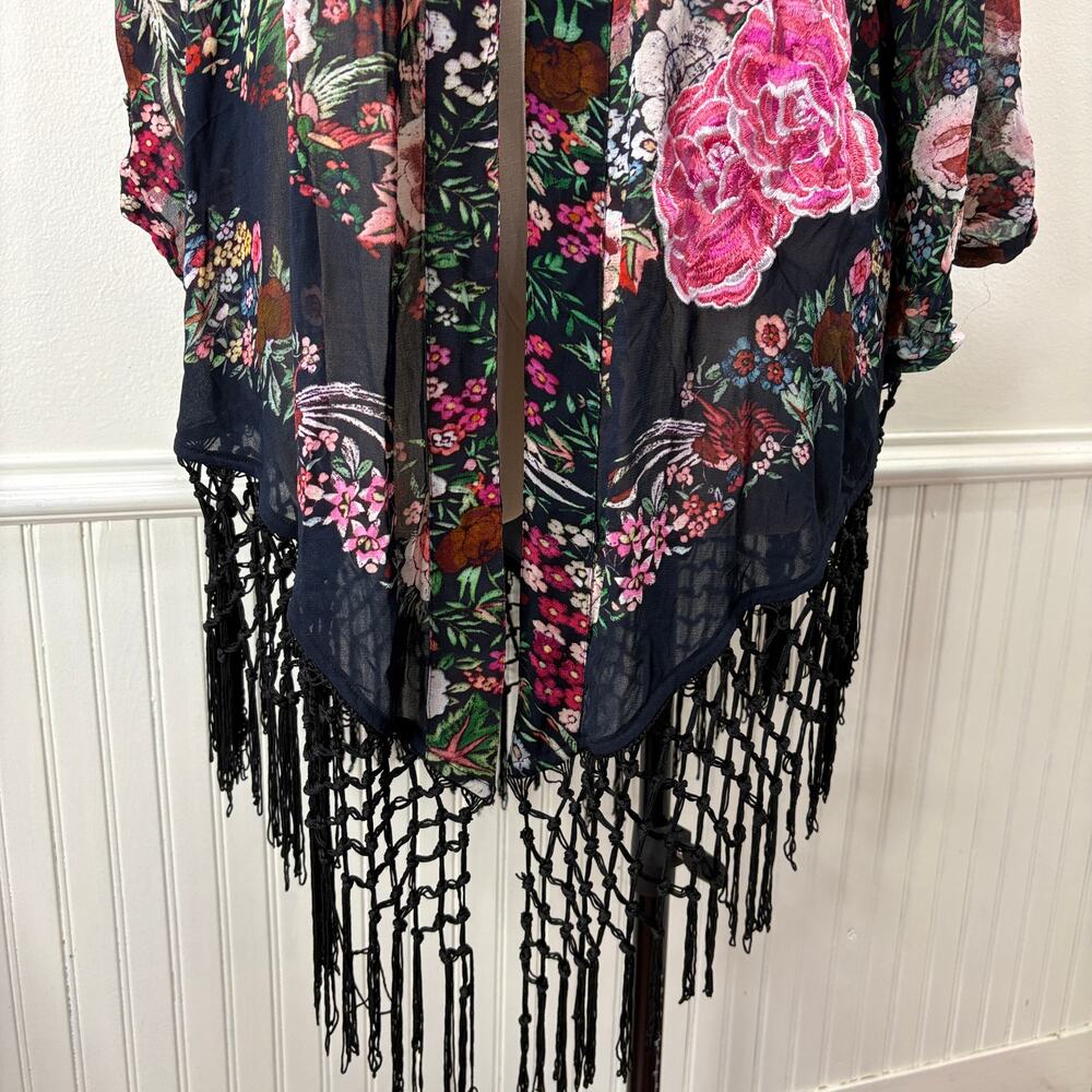 Soft Surroundings Plus Size 1X Kimono Cardigan Fringe Floral Embroidered Boho - Picture 9 of 13